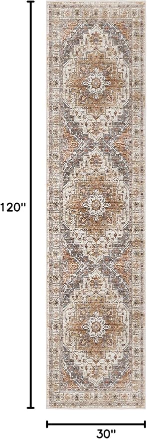 Madane Hallway Runner Rug 2'6''x10' Kitchen Runners Vintage, Turmeric/Grey | Non-Slip Washable Wide Rugs 2.5x10 Ft for Entryway Laundry and Bedroom, Soft Low Pile Stain-Resistant 10ft Floor Carpet