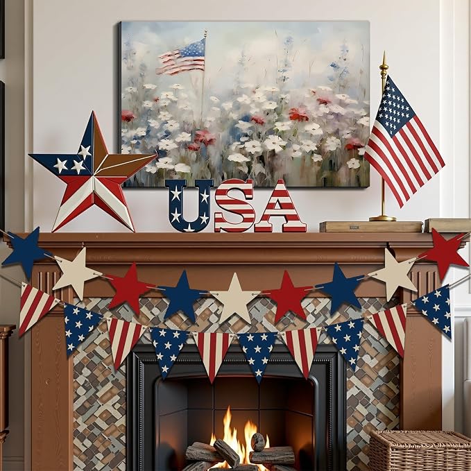 Framed American Flag Wildflower Wall Art, Patriotic Floral Canvas Art Pictures, USA Flag Wall Decor for Living Room Bedroom Office, Ready to Hang Made in USA