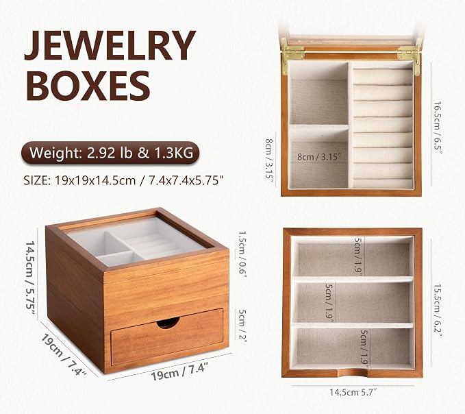 Clasin Home Jewelry Box with Glass Lid, 2 Layer Jewelry Organizer for Women, Solid Wooden Jewelry Box Display for Ring Earrings Necklace Bracelet, Pine Wood Jewelry Boxes Vintage Style for Gifts