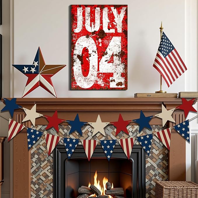 Framed 4th of July Distressed Wall Art, Patriotic Rustic Canvas Art Pictures, USA Independence Day Wall Decor, Made in USA Ready to Hang for Living Room Bar