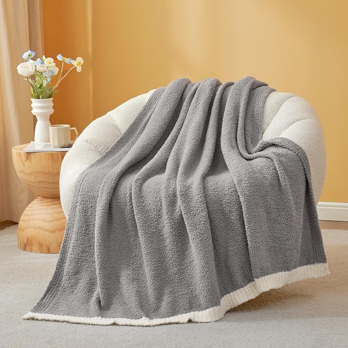 Snuggle Sac Ultra Soft Throw Blanket for Couch Bed Sofa 50x60 inches, Reversible Grey Blanket Microfiber Fluffy Fuzzy Cozy Knit Throws for Women Mothers Birthday Gifts