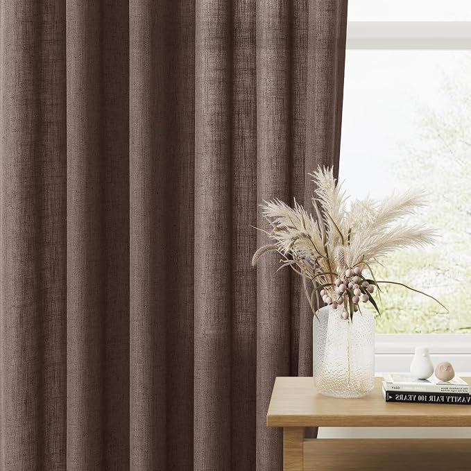 Cappuccino Linen Curtains 90 Inches Long Rod Pocket Semi Sheer Dining Room Cozy Bedroom Decor Cotton Look Country Rustic Farmhouse Boho Curtains 2 Panel Set,52x90