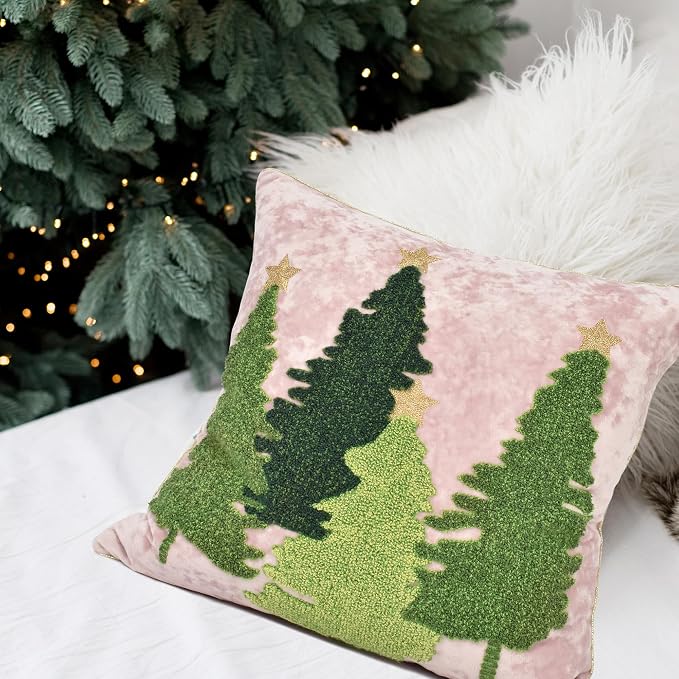 Christmas Tree Pillow Covers 18x18, Embroidered Velvet Christmas Throw Pillow Covers Christmas Decorations Holiday Pillows for Home Couch,Pink Blush/Green