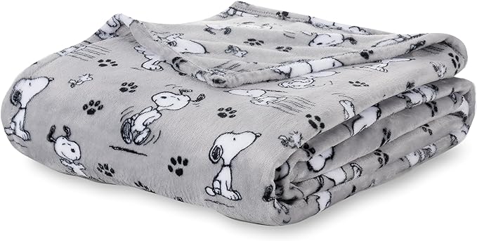 Berkshire Blanket Peanuts® VelvetLoft® Cute Character Snoopy Plush Blanket,Peanuts Poses and Paws Grey,King 90 in x 108 in (Official Peanuts® Product)