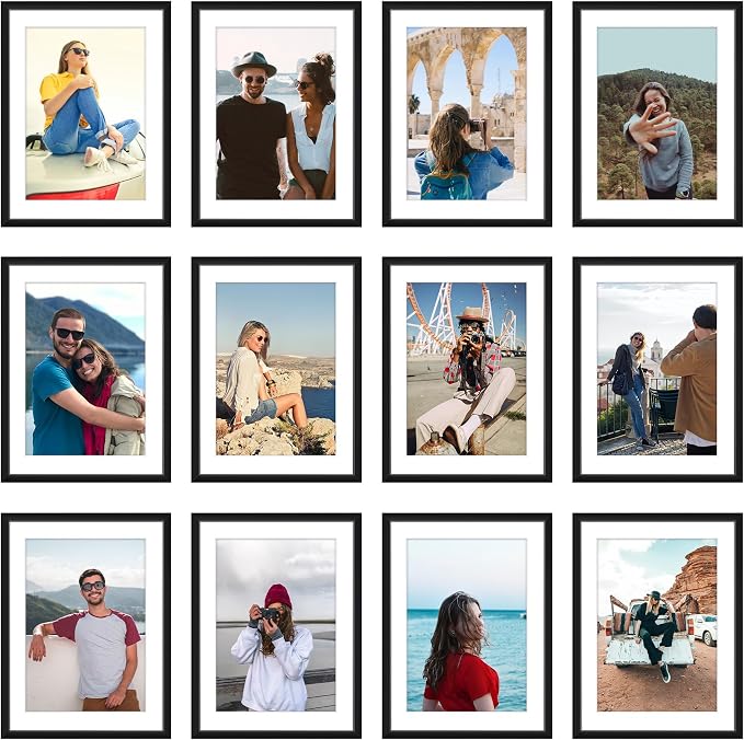 Frametory 12 Pack 6x8 Aluminum Frame with Mat for 5x7 Photo, Black