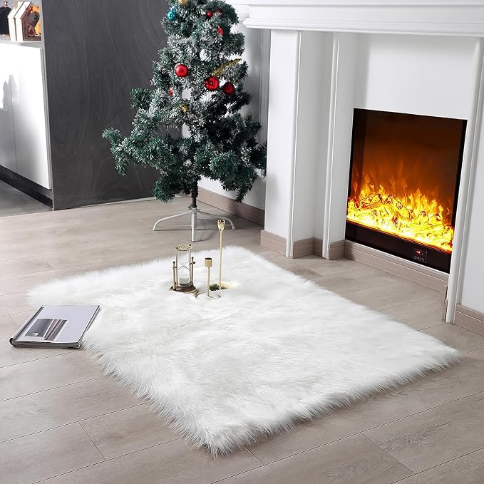 linmopm Faux Fur Sheepskin Rug, White, 3x4 ft | Shag Fluffy Fuzzy, High-Density Cushion, Rectangle, For Bedroom Bedside Living Room, Plush Sofa Cover