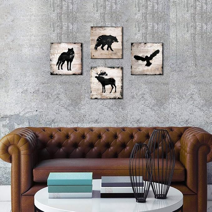 Cabin Wildlife Wall Art Rustic Animals Pictures Wall Decor Farmhouse Moose Deer Wolf Eagle Poster Hunting Themed Bear Paintings Woodland Forest Canvas Prints Artwork Living Room Decorations 16x16" 4P