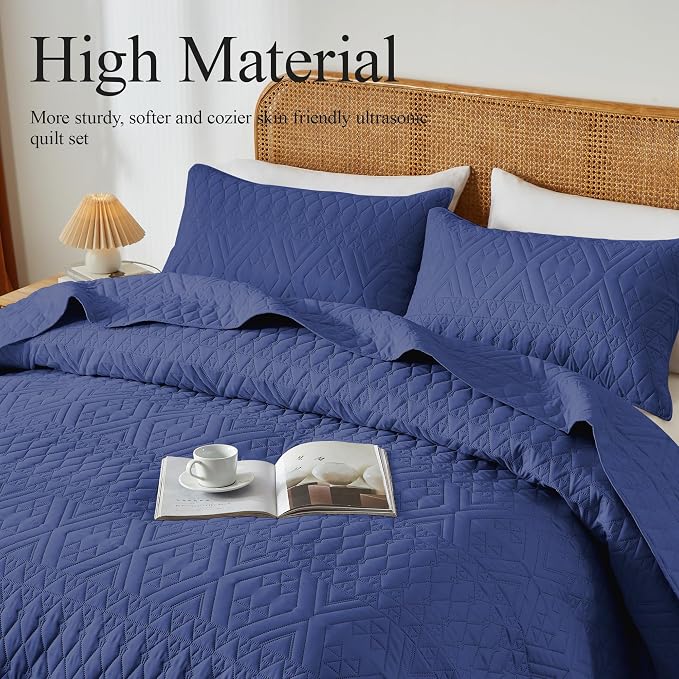 akkialla Twin Size Quilt Bedding Set,Navy Blue Lightweight Microfiber Soft Bedspreads,Modern Style Geoetric Pattern Coverlet Set for All Seasons,2 Piece(1 Quilt,1Pillow Sham)