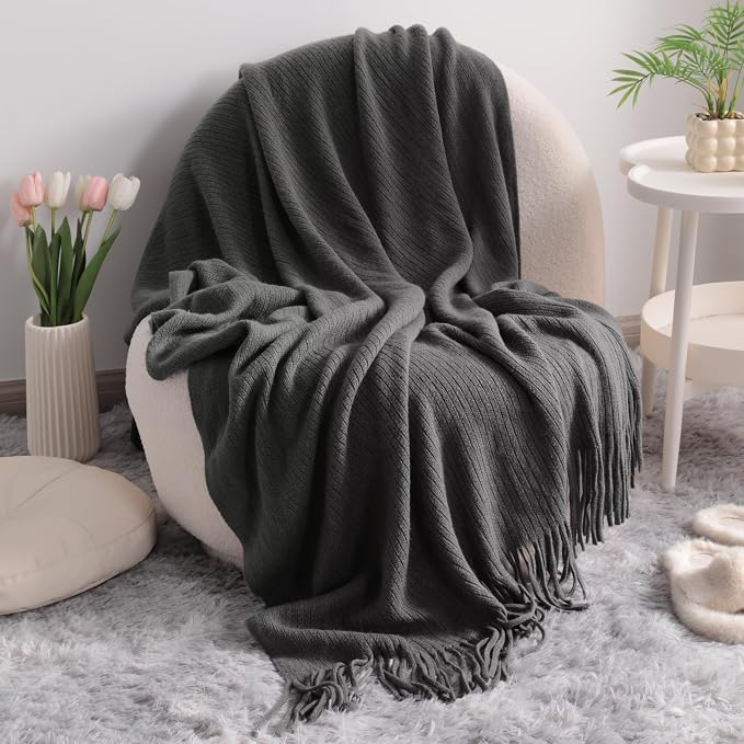 NTBAY Acrylic Knit Throw Blanket, 51 x 67, Grey Striped | Lightweight Acrylic Wave-Knit Throw with 7 Inch Tassels for Sofa, Bed, Reading, Travel, and Decorative Layering