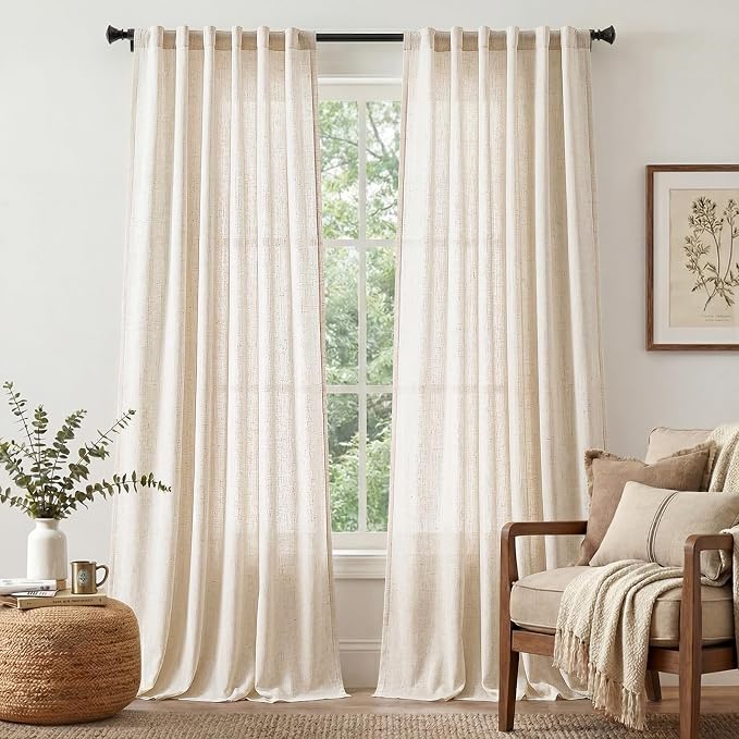 jinchan Linen Curtains Light Filtering Back Tab 50x108 Inch 2 Panels Beige | Semi Sheer Curtains 108 inch length for Bedroom Living Room, Modern Farmhouse Drapes with Rod Pocket, Natural Boho Curtains