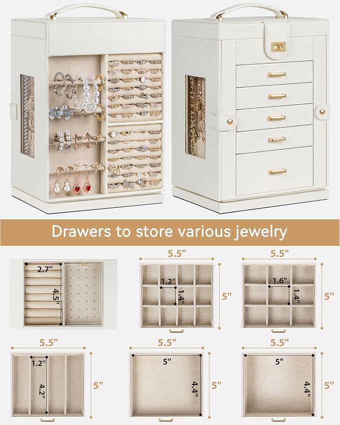 AKOZLIN 6-Tier Jewelry Box Organizer Functional 5 Drawers Leather Jewelry Storage Case for Women Girls Ring Necklace Earring Bracelet Holder Organizer with Mirror White 360° Rotating
