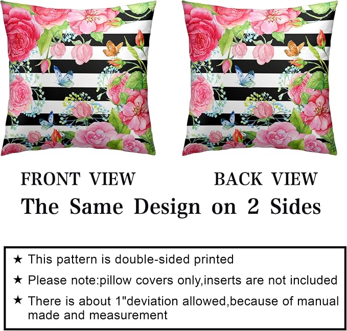 Spring Summer Pillow Covers 24x24 Set of 2 Rose Throw Pillow Covers Butterfly Flowers Pillow Case Black Stripes Cotton Blend Cushion Case for Home Decor Couch Sofa