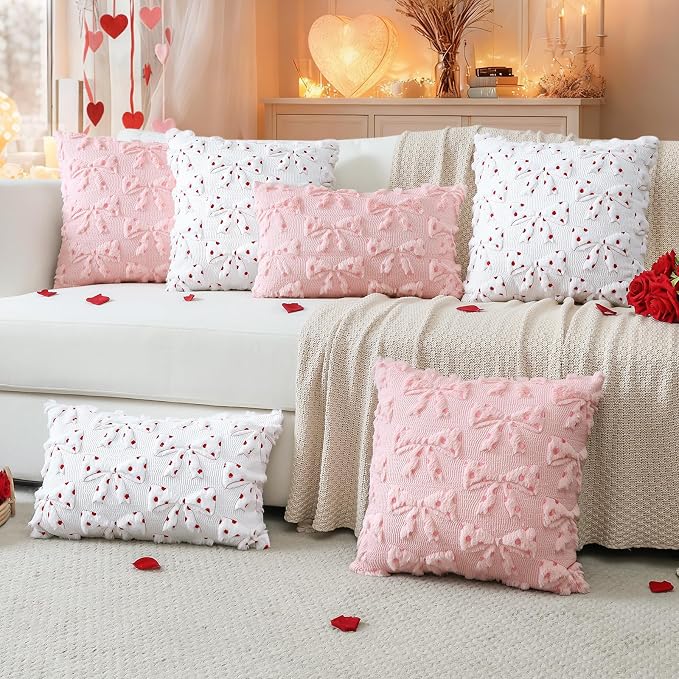 Artscope Valentines Bow Pillow Covers 16x16 Set of 2 Decorative Valentine's Day Throw Pillow Cases Soft Plush Faux Fur Couch Cushion Case for Holiday Sofa Bed Room Home Decor-Pink Bow