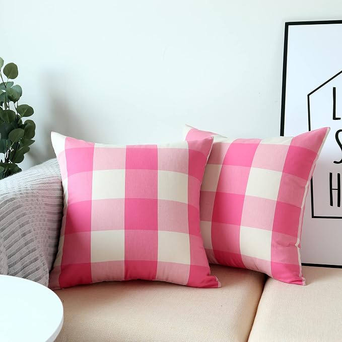Valentines Day Decorative Throw Pillow Covers Pink and White Buffalo Check Plaid Cushion Cases 16 x 16 in Pack of 2 Farmhouse Decor for Couch Sofa Bedroom Patio Outdoor