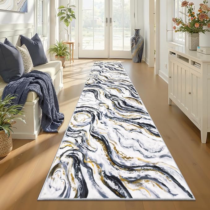 Yamaziot 2x10 Washable Modern Abstract Runner Rug Non-Slip for Hallways | Stain Resistant Kitchen Rug with Rubber Backing, Low Pile, Ultra Soft Carpet Runner for Bedroom, Laundry, Entrance,Black