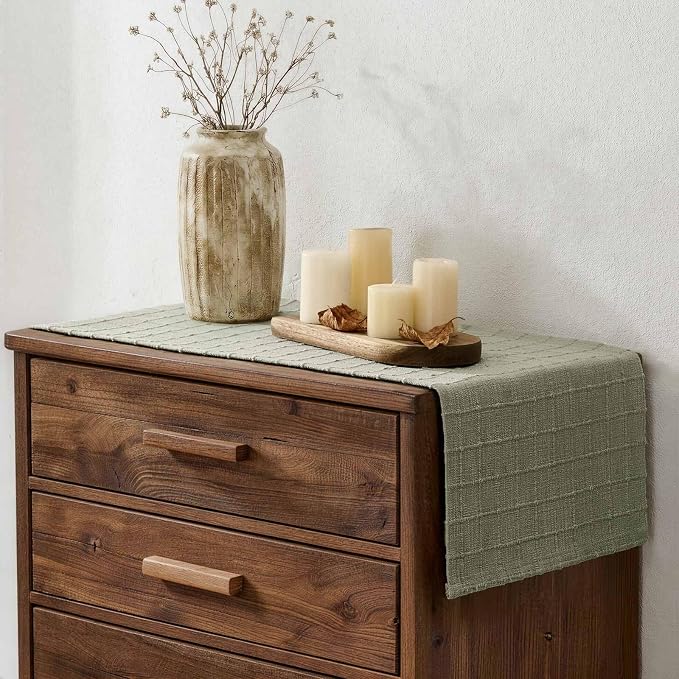 ZeeMart Artisanal Grid Linen Table Runner, 13x48 Inches Seeding Green | Heavy Textured, Durable Thick Fabric, Farmhouse Handwoven Feel Linen Runner, Easy Care Table Decor for Kitchen Dining Room