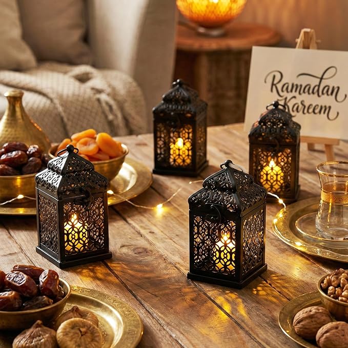 VELA LANTERNS Mini Tower Temple Moroccan Lantern Lamp Decorative Candle Holders for Ramadan Decorations, Hanging, Outdoor Patio or Porch, Indoor Home Decor, Black, Set of 4