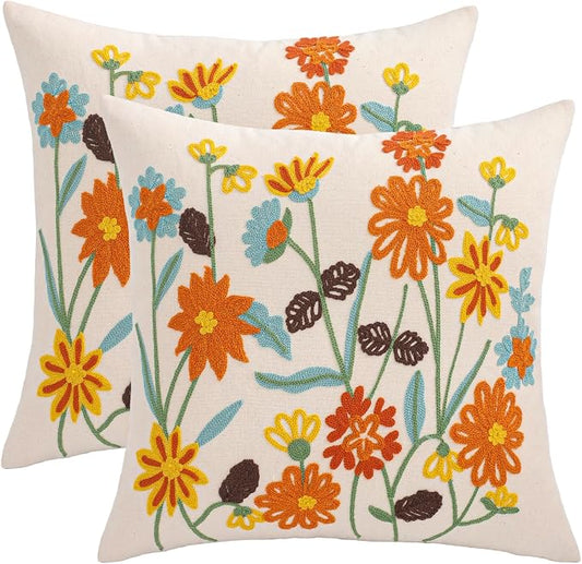 LUOYEHK Embroidered Throw Pillow Covers 18x18 Inch Set of 2 Decorative Pillow Cover Spring Summer Boho Cushion Pillowcase for Couch Sofa Bed Living Room, Orange Wildflower