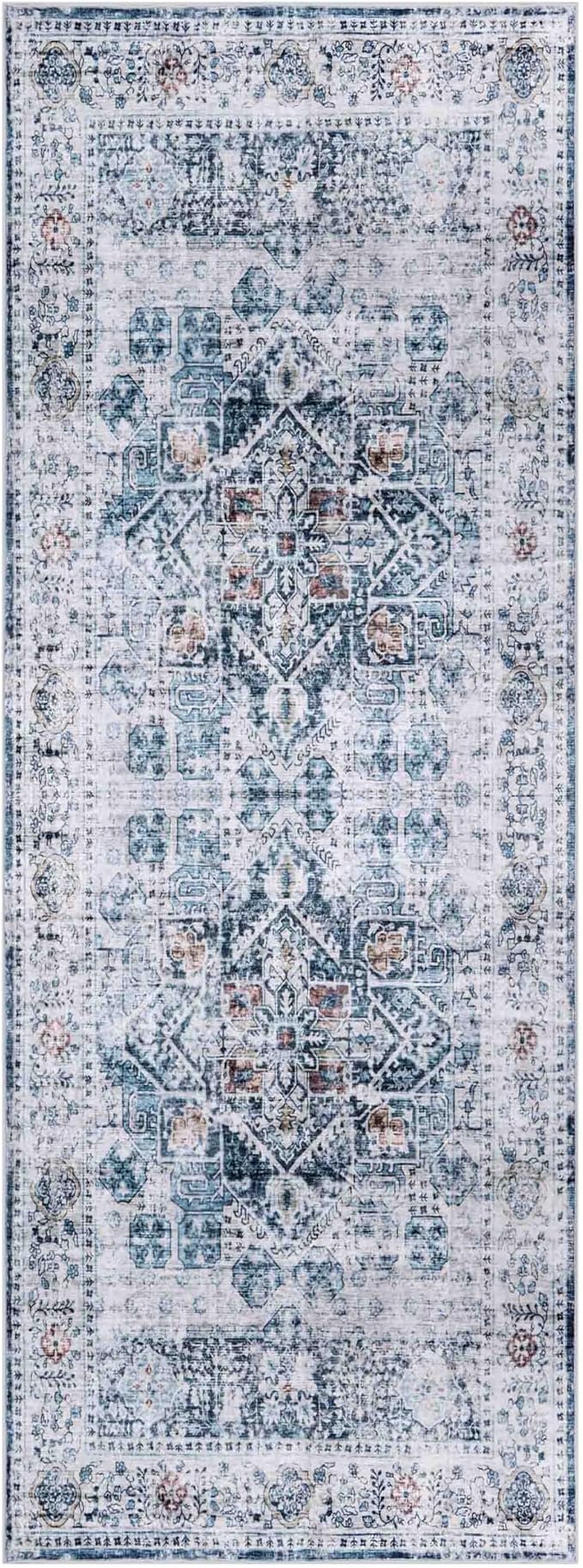 Machine Washable Area Rug, Soft & Durable, Non-Slip, Stain Resistant Rug for Bedroom, Living Room, Dining Room, High Traffic Areas. (Blue/Coral, 2.5' X 10')