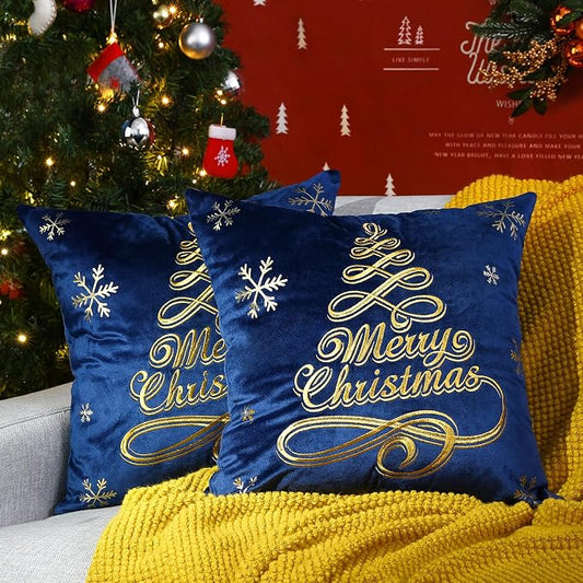 Lewondr Christmas Tree Embroidery Throw Pillow Covers, Navy Blue, 2 Pack | Hot Stamping Pattern, Dutch Velvet, Soft for Sofa Bed Chair, Home Xmas Decorative Cushion Covers