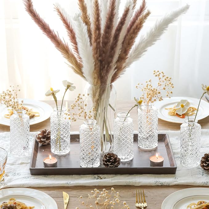 ComSaf Small Glass Bud Vases in Bulk, 6 Pack for Centerpieces, Clear | Diamond Embossed Design, Mini Flower Display, Vintage Decor, Home Accent, Table Decor, Wedding Reception, Housewarming Gift