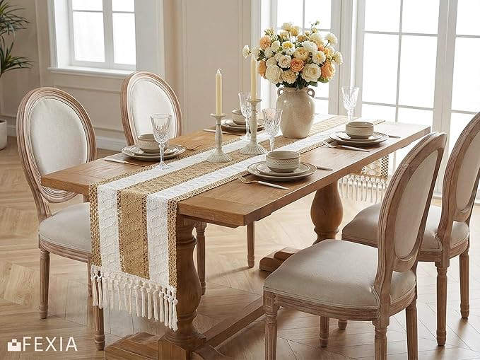 FEXIA Boho Table Runner with Tassels Brown for Fall Home Decor 12x72 Inch | Farmhouse Rustic Table Runner Macrame Burlap Woven Dinning Decoration for Living Room Bridal Shower decorations