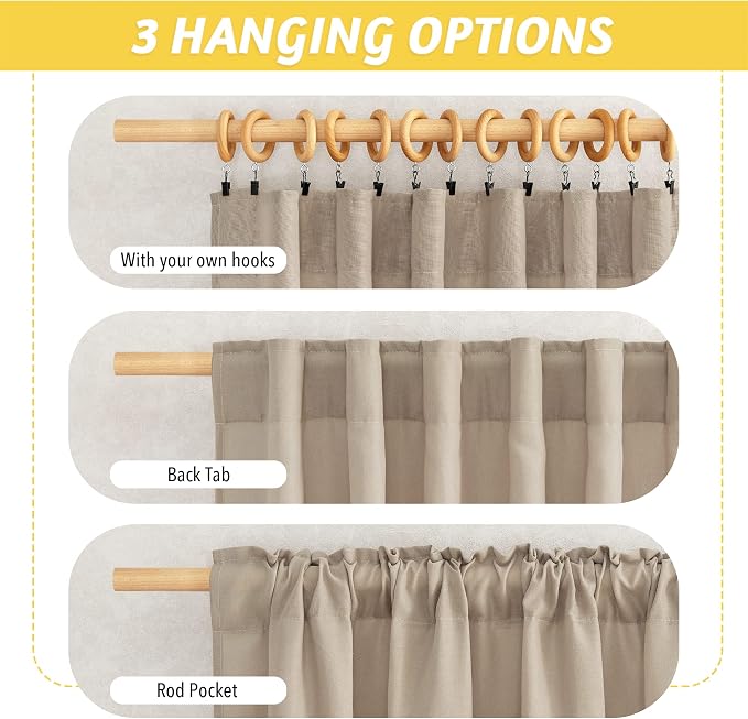 NICETOWN Thick Linen Curtains for Bedroom, Rod Pocket & Back Tab Vintage Flax Semi-Sheer with Light Filtering Curtains & Drapes Privacy Assured for Living Room, Camel, W55 x L84, 2 Pieces