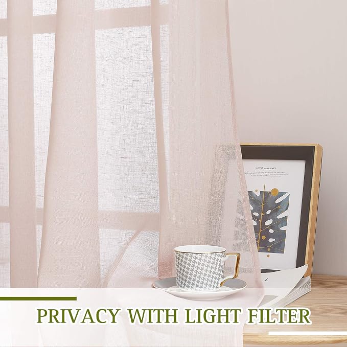NICETOWN Linen Textured Semi Sheer Bedroom Curtains, Grommet Top Flew to Floor Thick Semitransparent Window Treatment Privacy Light Reducing for Nursery, W52 x L96, Dusty Blush, 2 Panels