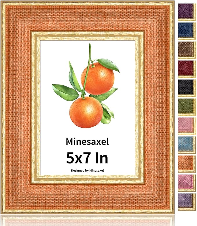 5x7 Picture Frame - Orange Fabric & Vintage Gold Border HD Real Glass with Easel for Tabletop/Wall (Family Photos, Farmhouse Decor 1 Pack)