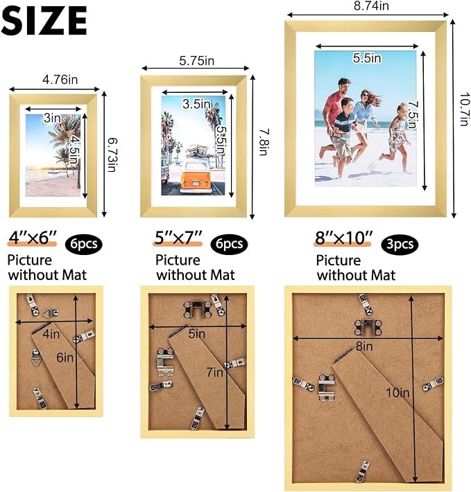 Fixwal Gallery Picture Frames Set, 15 Pack, PVC, Gold, 8x10, 5x7, 4x6 | Wall or Tabletop Decor, High-definition Plexiglas panels
