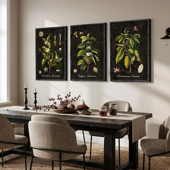 Large Vintage Framed Botanical Wall Art for Living Room, 3 Piece Dark Green Coffee Plant Canvas Prints Paintings, Retro Leaf Moody Pictures for Dining Room Coffee Bar Kitchen Wall Decor, 24x36 Inch