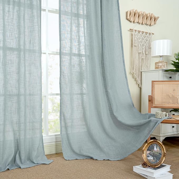 80 inch Linen Living Room Curtains, Light Filtering Drapes 2 Panels | Faux Linen Textured, Semi Sheer, Boho, Curtains for Bedroom, Farmhouse, Rod Pocket Back Tab, 52 x 80 Inch, Greyish Blue