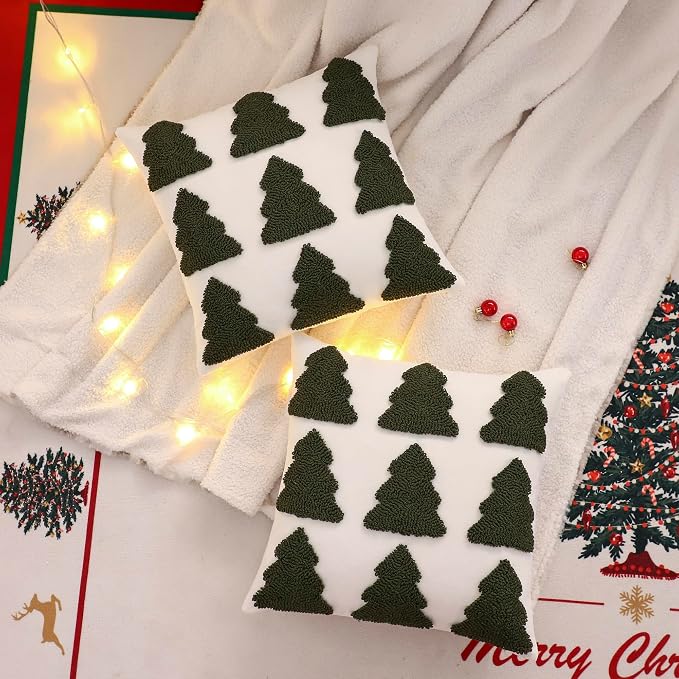 Christmas Throw Pillow Covers 18x18 Set of 2 Dark Green Xmas Tree