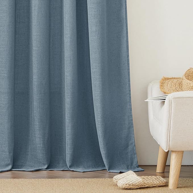 RYB HOME Sheer Curtains 108 inches, Extra Long Floor to Ceiling Curtains | Light Filtering Privacy,Faux Linen Fabric,Living Room Bedroom Sliding Glass Door,Back Tab,W52 x L108,2 Panels,Stone Blue