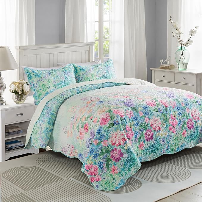 Travan Floral Quilt King Quilt Bedding Set, Ultra Soft & Fade Resistant King Size Quilt Set with 1 Quilt Set and 2 Shams Purple Quilt for All Season, Dream Garden-Purple, King