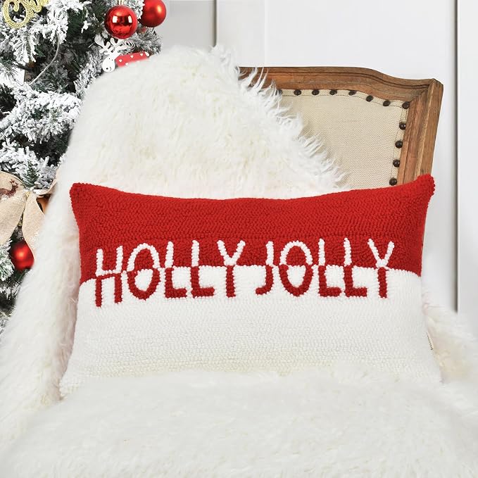 Holly Jolly Christmas Pillow Covers, 12x20, Hooked Wool Embroidered Throw Pillows for Home, Red & White