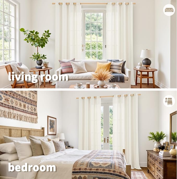 YoungsTex Ivory Linen Semi Sheer Curtains 90 Inch Length for Living Room | Light Filtering Drapes with Bronze Grommet Rustic Privacy for Bedroom Dining Room Decorative, 52 x 90 Inch, 2 Panels