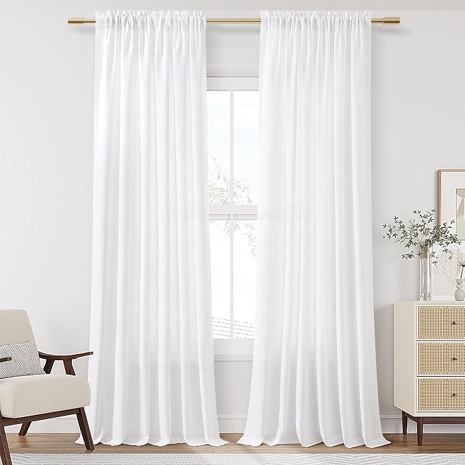 White Linen Curtains 90 Inch Length for Living Room Bedroom 2 Panels Set Rod Pocket Light Filtering Semi Sheer Window Curtains 52 Inch Width Boho Farmhouse Linen Drapes, W52xL90