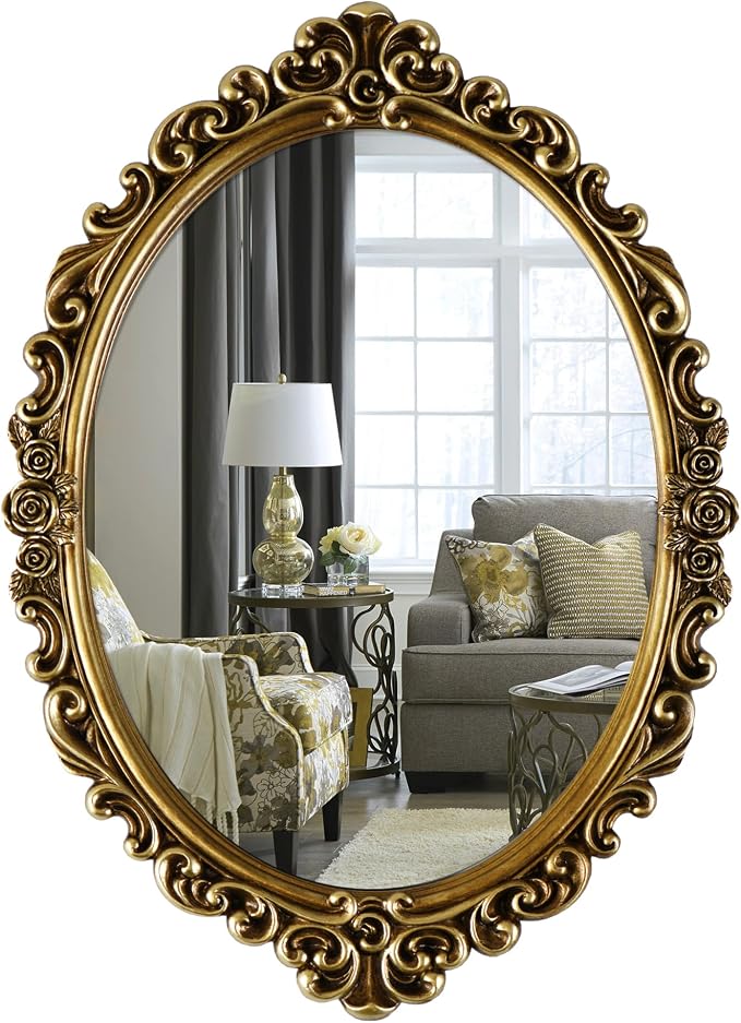 OIGUMR Medium Oval Wall Mirror Resin Frame Size：20.4 x 14.5 inch | Vintage Hanging Mirrors for Bedroom Living-Room Dresser Decor Gold