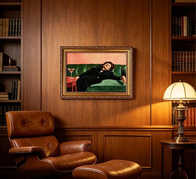 Vintage Gold Framed Bar Wall Art, Victorian Woman and Man on Couch with Martini Oil Painting Canvas Prints, Eclectic Cocktail Picture, Trendy Bar Cart Decor Poster Artwork for Kitchen Dining Room