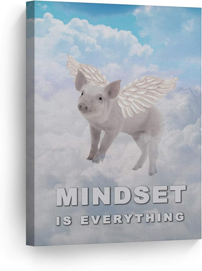Smile Art Design Mindset is Everything Pig with Wings Flying in Sky Motivational Wall Art Canvas Print Inspirational Entrepreneur Quote Canvas Print Modern Office Decor Gift Ready to Hang 36x24