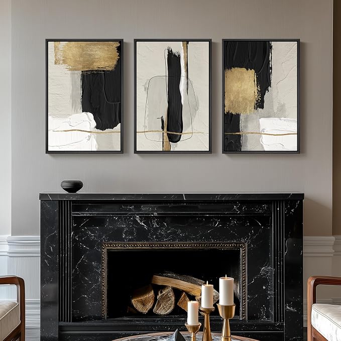 Framed Black and White Abstract Wall Art Set, 3 Piece Modern Canvas Prints | Modern Paintings, Minimalist Artwork, Gold Beige Block Pictures, Wood Frame, Living Room Office Bedroom Wall Decor 16x24 Inch