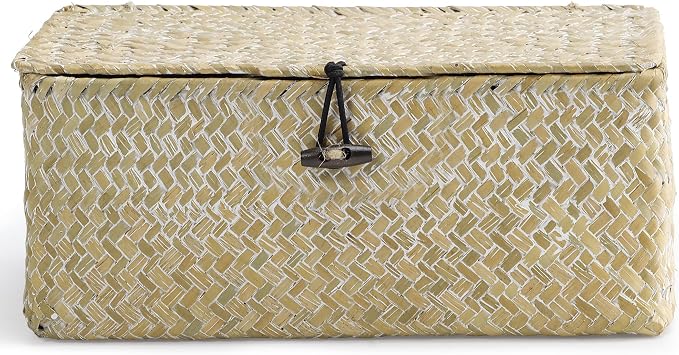 Nonam Small Wicker Basket with Lid,Seagrass Shelf Storage Basket,White | Basket Container for Organizing, Boho Decorative Basket, Rectangular Household Storage Boxes for Home Organization
