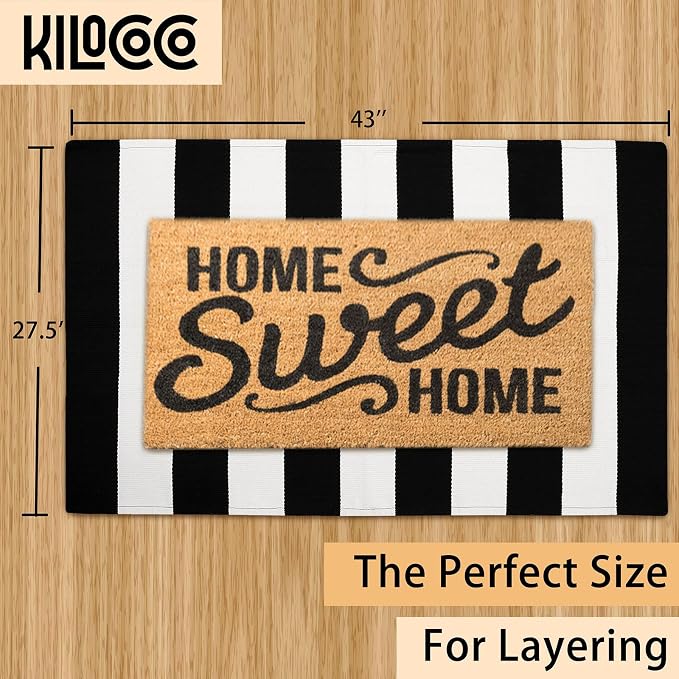 KILOCOCO Black and White Striped Rug 2.3'x3.6' Washable Front Door Mat | Indoor Outdoor Rugs, Cotton Layered Doormats, Low Pile Front Porch Rug, Woven Welcome Mat for Entryway Kitchen Patio