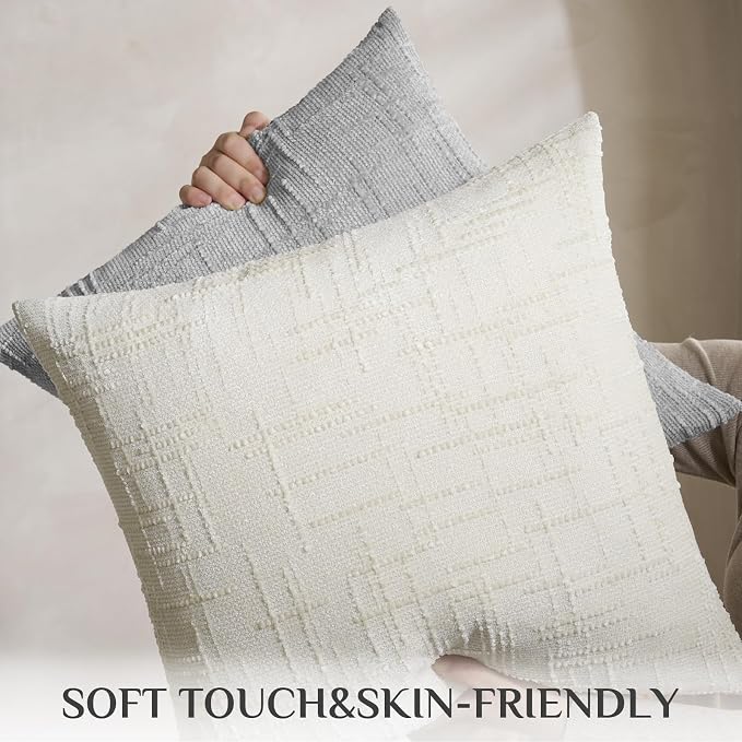 Softalker Textured Chenille Large Throw Pillow Covers Set of 2, 24x24 Cream Decorative Cushion Covers, Soft Cozy Slubby Texture for Modern Farmhouse Sofa Couch Bed