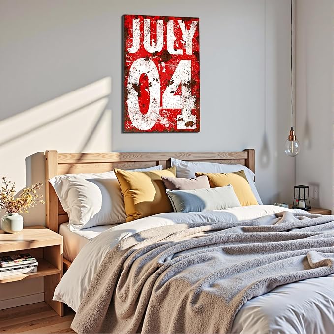 Framed 4th of July Distressed Wall Art, Patriotic Rustic Canvas Art Pictures, USA Independence Day Wall Decor, Made in USA Ready to Hang for Living Room Bar