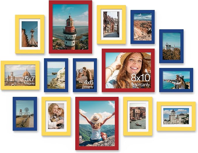 Vittanly 15 Pack Gallery Wall Frame Set, Red, Yellow, Blue | Picture Frames Collage Wall Decor: 3pcs 8x10, 6pcs 5x7, 6pcs 4x6. Picture Frame Set for Wall or Tabletop Display