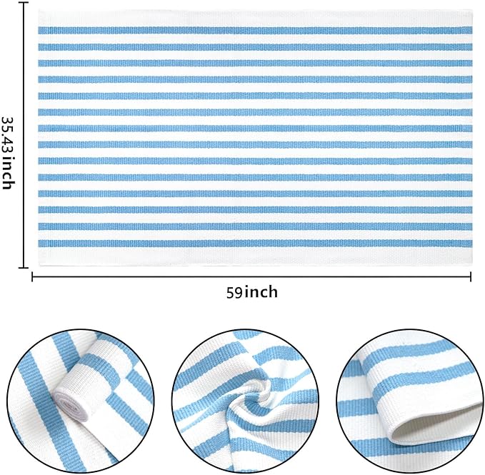 BUAGETUP Outdoor Rug 3'x 5',Light Blue Striped Area Rug Hand-Woven Cotton Washable Rug Indoor/Outdoor Area Rug Floor Mat for Farmhouse Living Room Bedroom