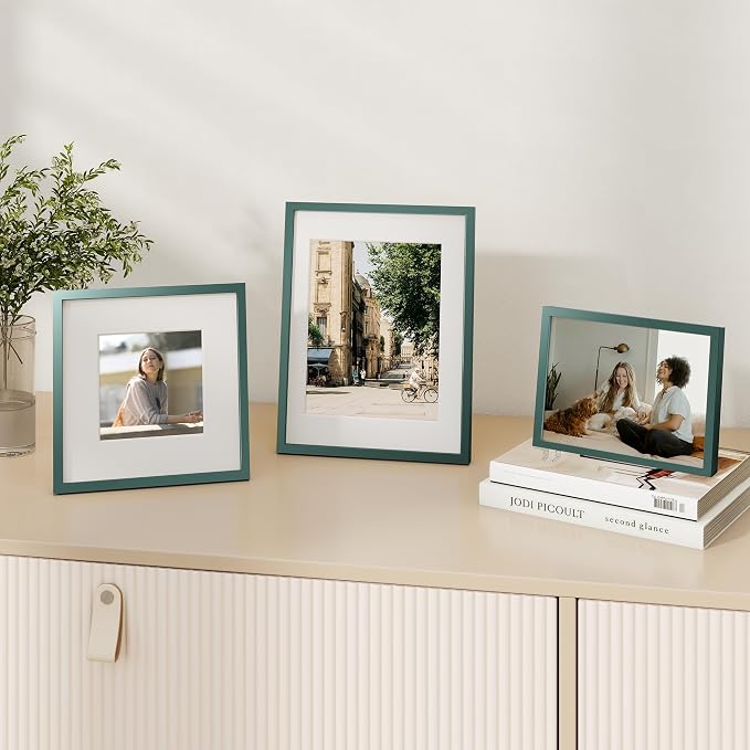 Fun Memories 8x10 Inch Metal Picture Frame - Aluminum Photo Frames - 5x7 Mat - Ideal for Wall or Tabletop Display - Wall Hook Hanging Hardware Included - Green - Set of 1