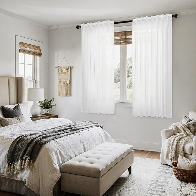MIULEE White Linen Curtains 64 Inch Length 2 Panels for Kitchen and Bedroom | Soft Thick Linen Textured Back Tab Window Drapes, Semi Sheer Light Filtering, Rod Pocket, Modern Farmhouse Decor